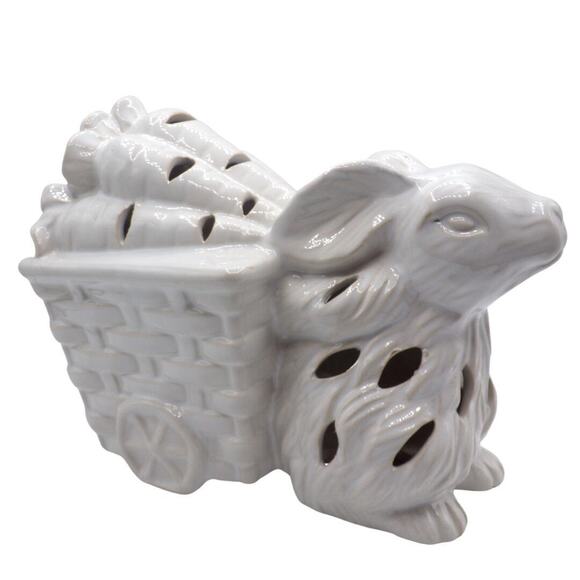 None Other - Bunny with Carrot Wagon Potpourri Sachet Holder White Glaze 5.5" High